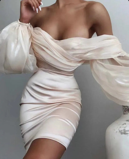 Elegant Bodycon Dress
Ruched Strapless Puff Sleeves