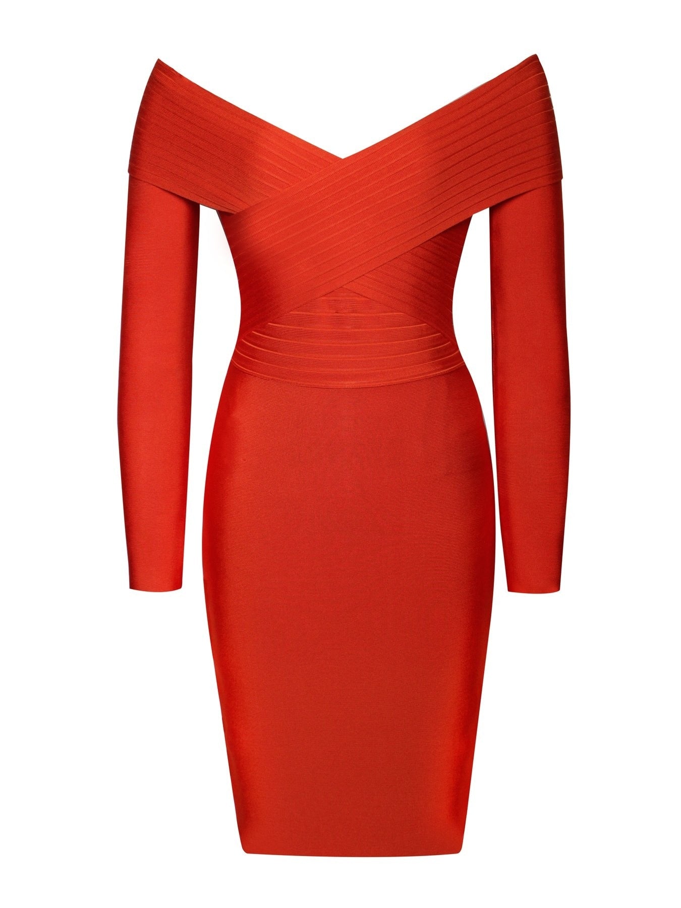 Audrella Orange Off-Shoulder Bodycon Bandage Dress