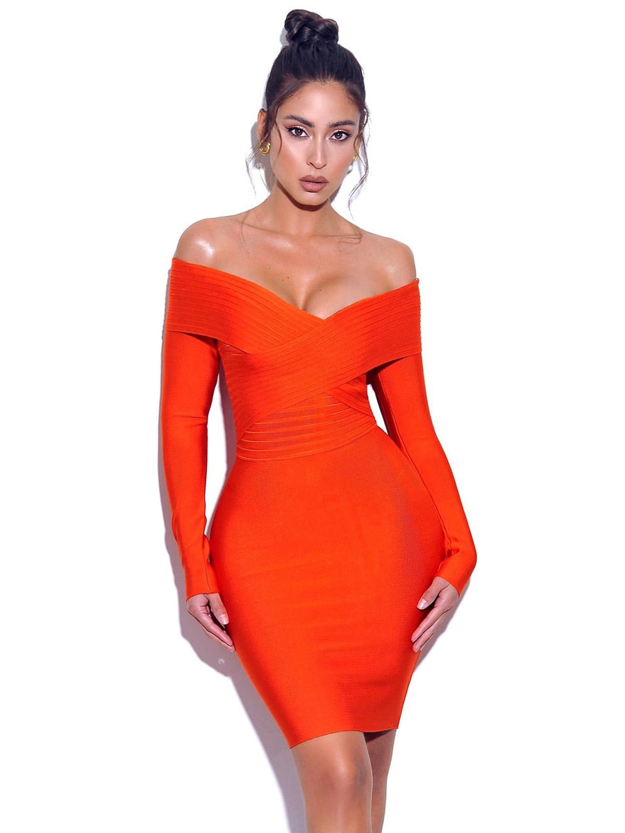 Audrella Orange Off-Shoulder Bodycon Bandage Dress