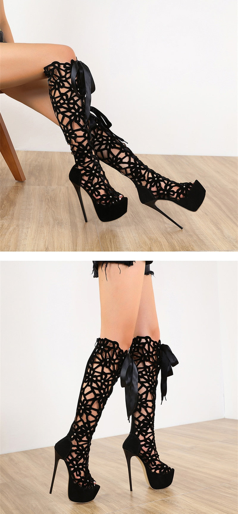 Shallo Peep Toe Lace-Up Knee-High Boots