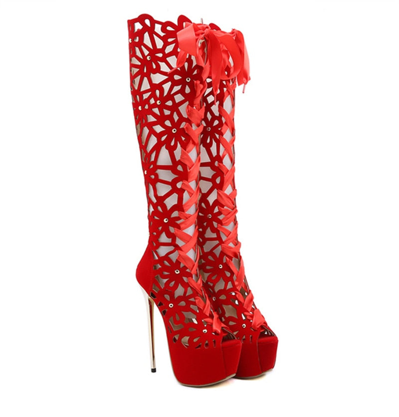 Shallo Peep Toe Lace-Up Knee-High Boots