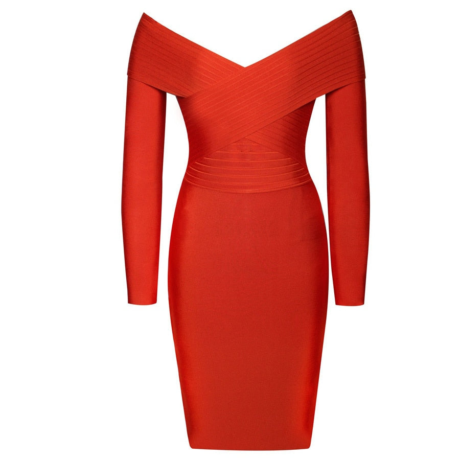 Audrella Orange Off-Shoulder Bodycon Bandage Dress