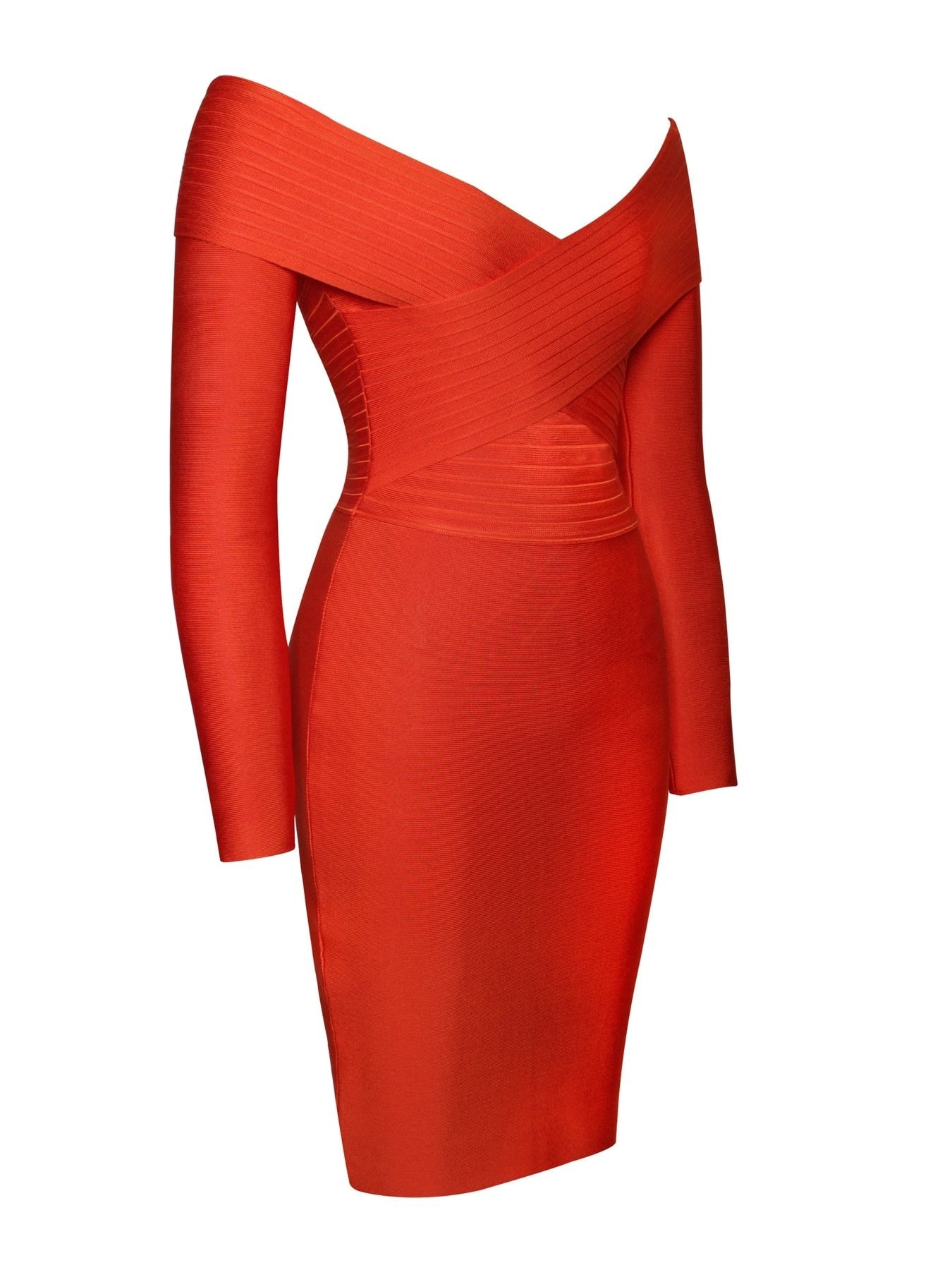 Audrella Orange Off-Shoulder Bodycon Bandage Dress