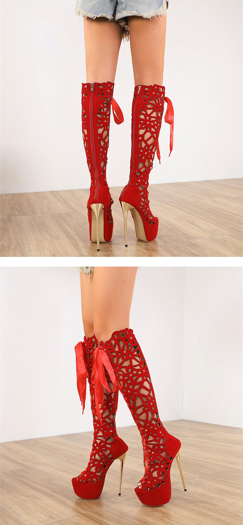 Shallo Peep Toe Lace-Up Knee-High Boots