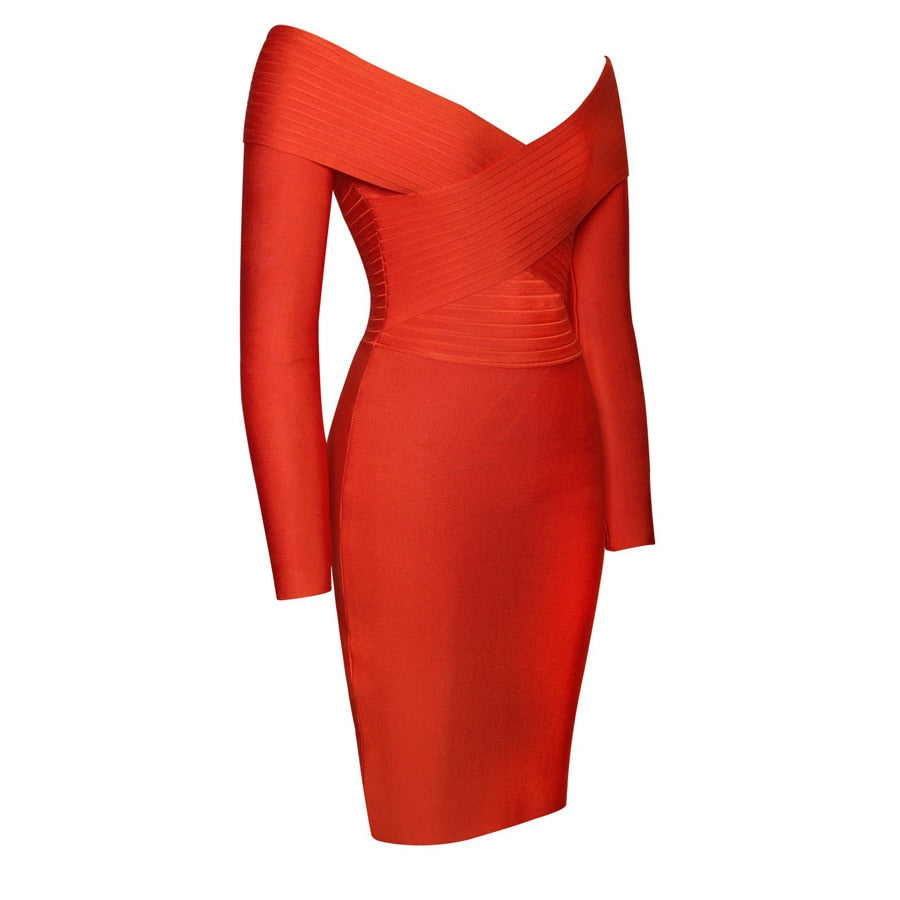 Audrella Orange Off-Shoulder Bodycon Bandage Dress