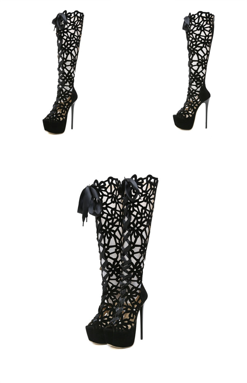 Shallo Peep Toe Lace-Up Knee-High Boots