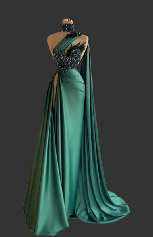 Mermaid Exquisite Pleated Heavy Beaded High Slit Gown