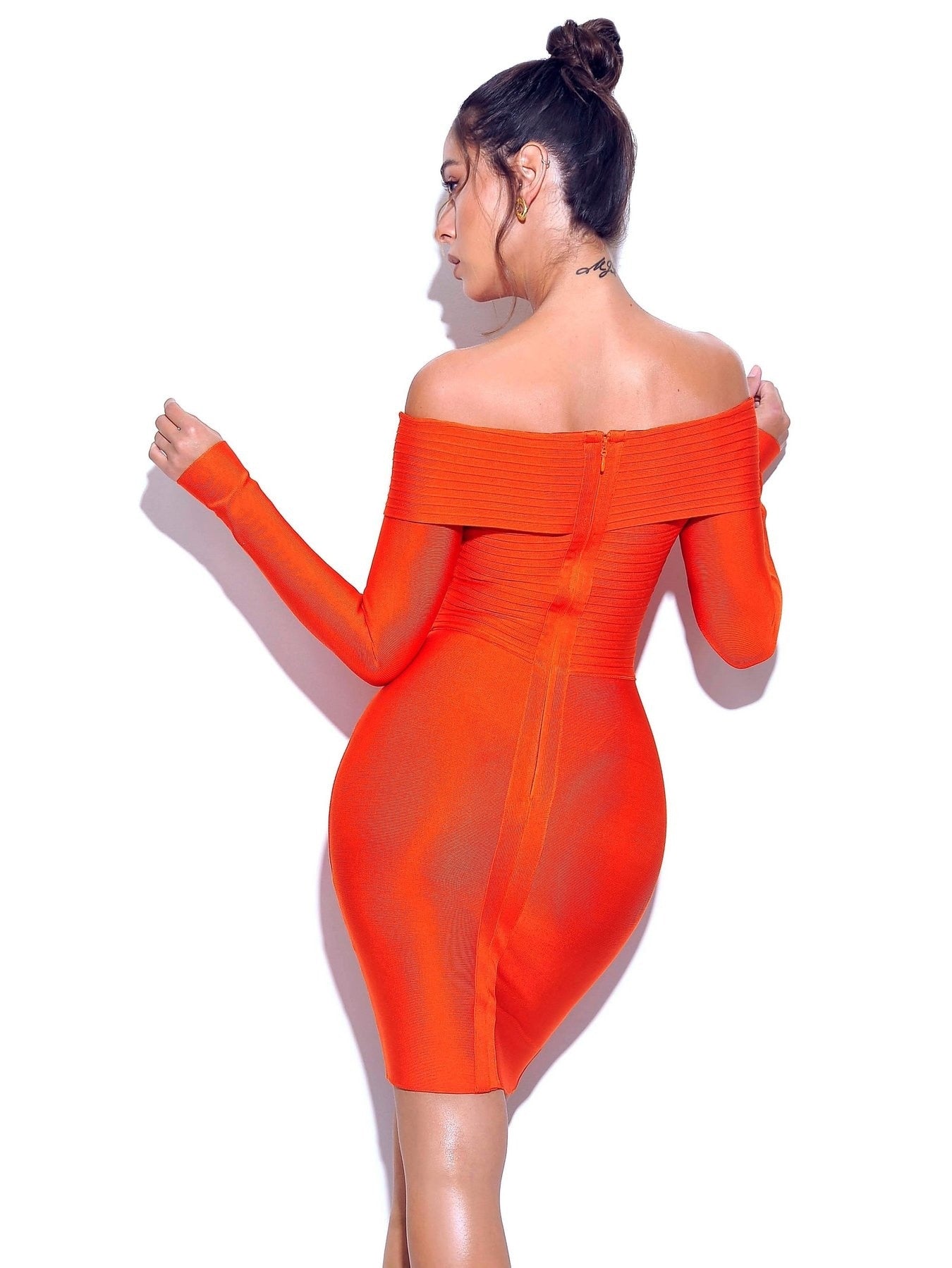 Audrella Orange Off-Shoulder Bodycon Bandage Dress