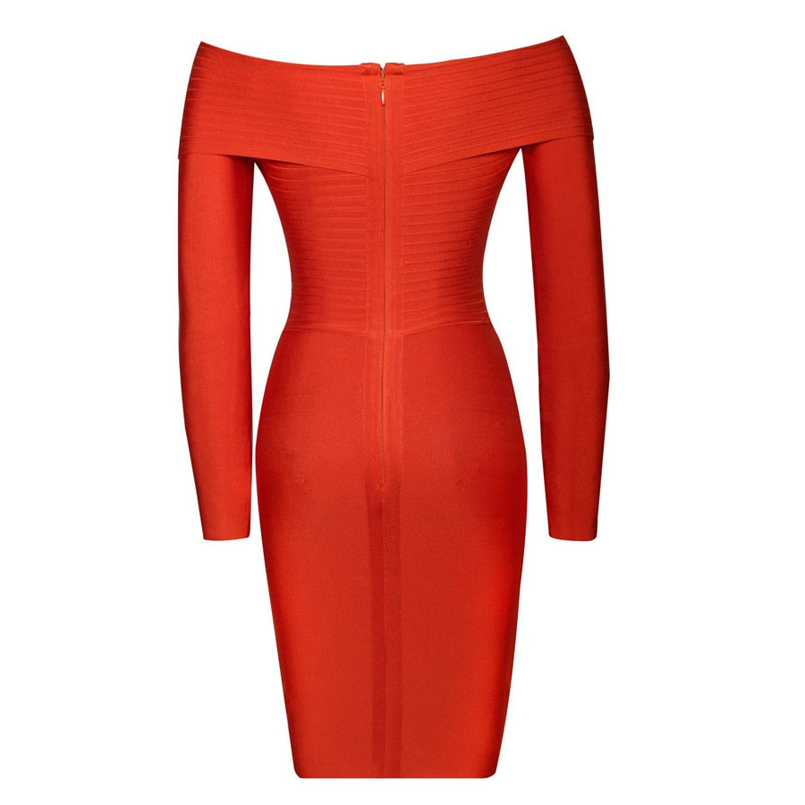 Audrella Orange Off-Shoulder Bodycon Bandage Dress