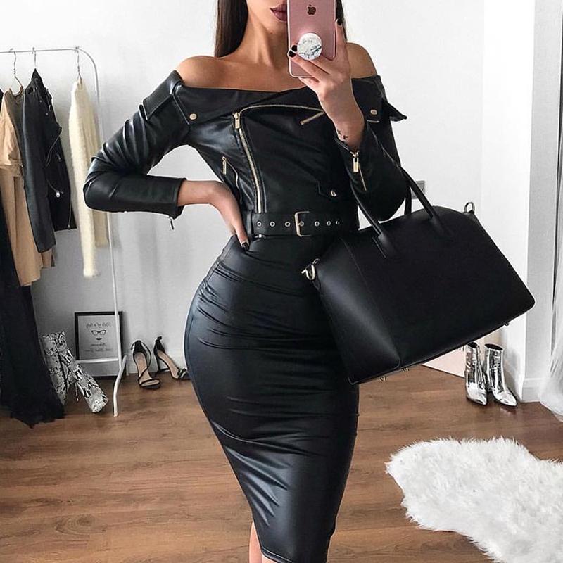 H.Q.  Off Shoulder Slim Zipper Design PU Leather Dress