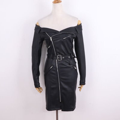 H.Q.  Off Shoulder Slim Zipper Design PU Leather Dress