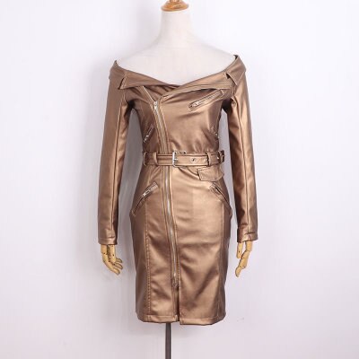 H.Q.  Off Shoulder Slim Zipper Design PU Leather Dress