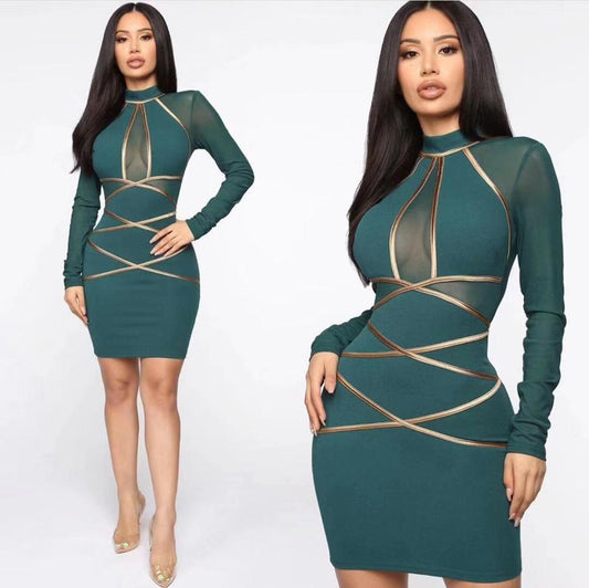 Mesh Long Sleeve Green Bandage Dress