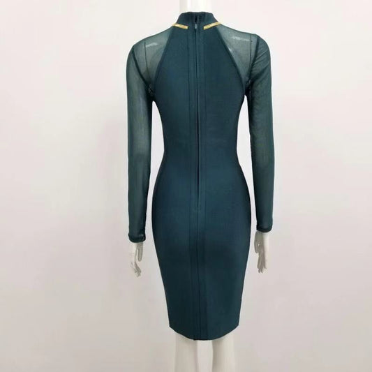 Mesh Long Sleeve Green Bandage Dress