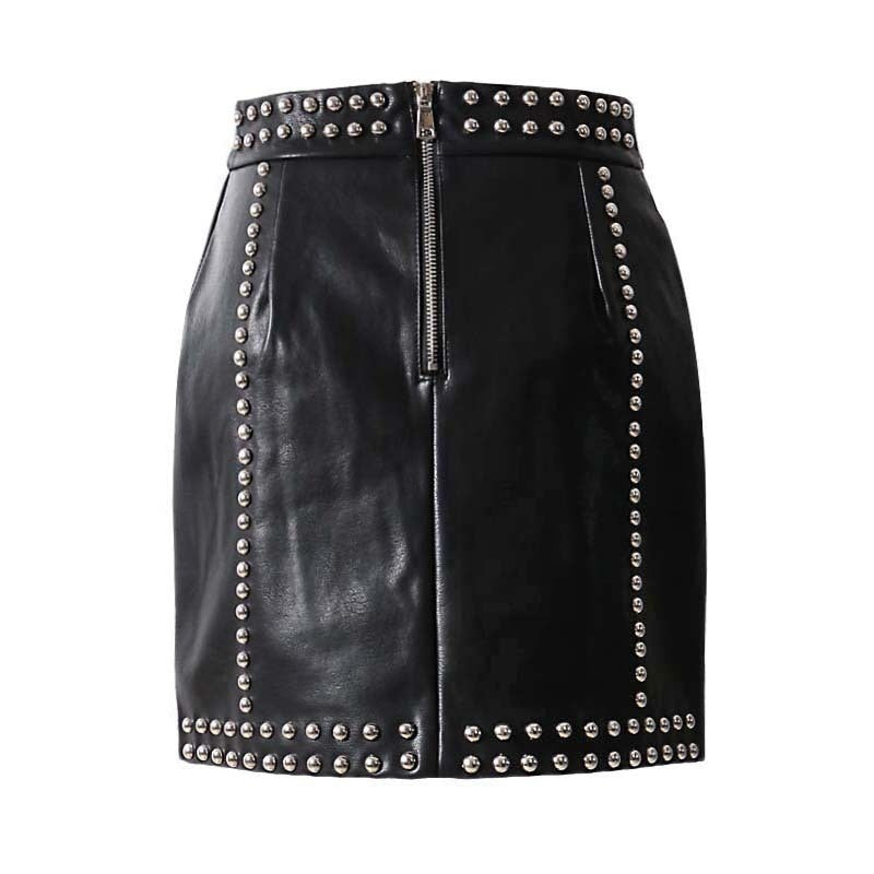 Heavy Rivets PU Leather High Waist Skirt