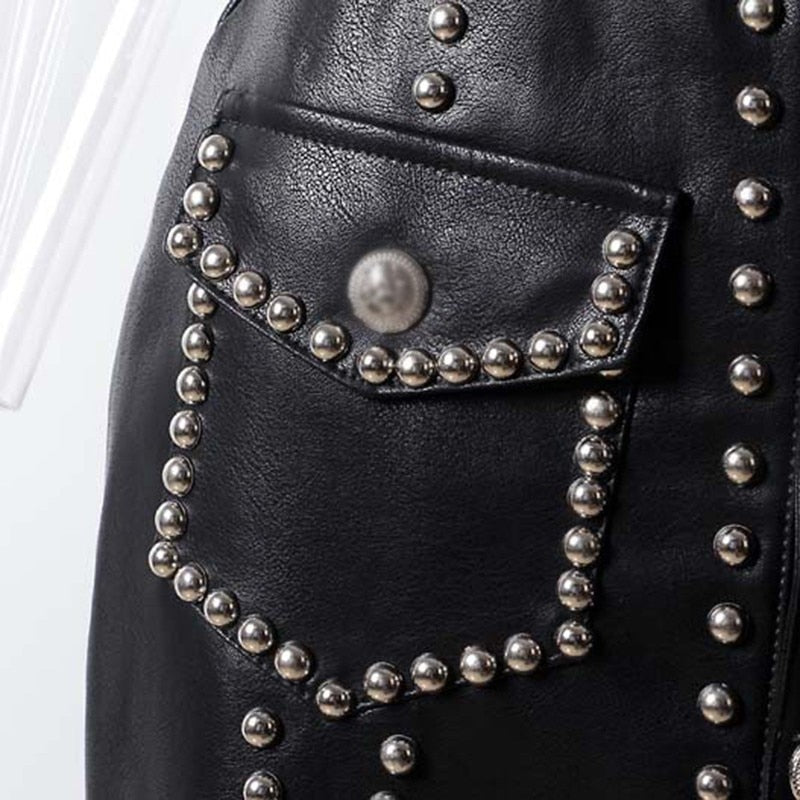 Heavy Rivets PU Leather High Waist Skirt