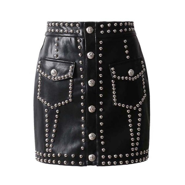 Heavy Rivets PU Leather High Waist Skirt