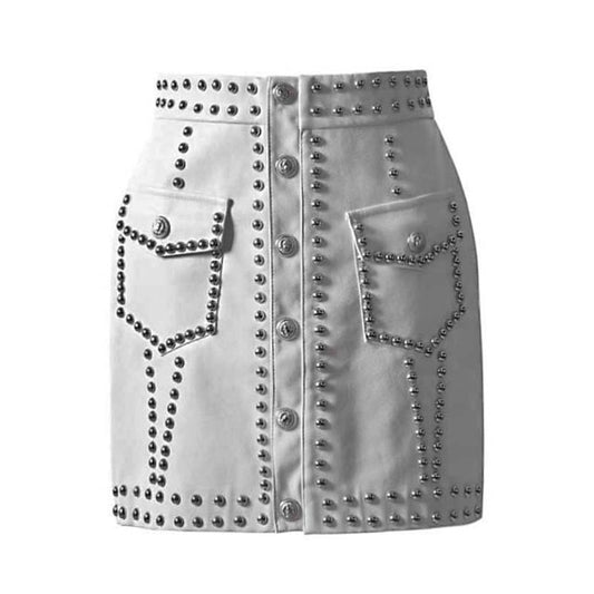 Heavy Rivets PU Leather High Waist Skirt
