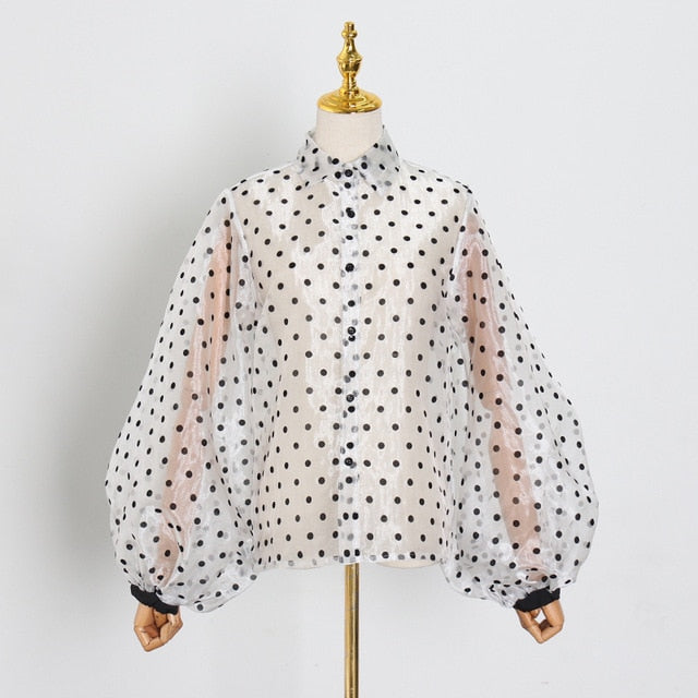 Vintage Polka Dot Long Puff Sleeve Blouses