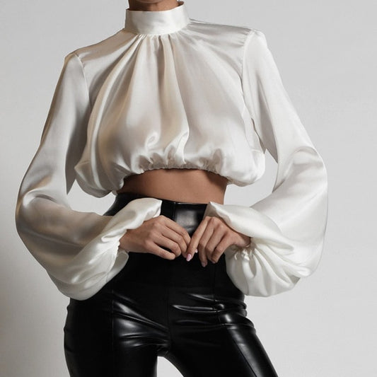 Stand Collar Lantern Sleeve Cropped Tops