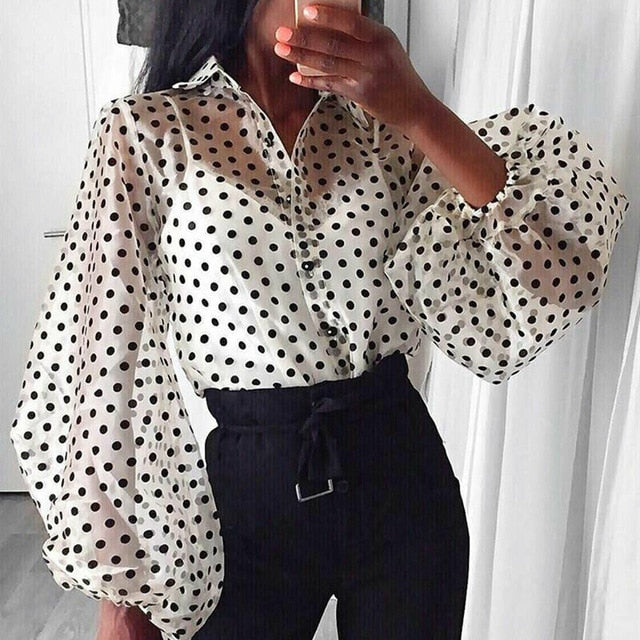 Polka Dot Retro Lantern Sleeve Blouse