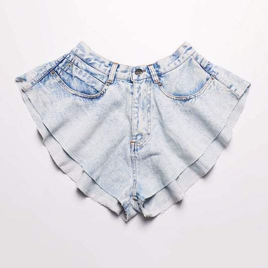 High Waist Casual Denim Ruffle Hem Loose Shorts