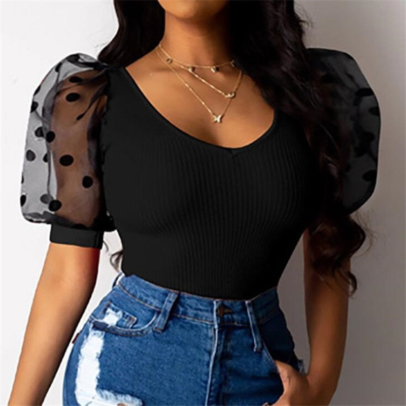 Sheer Mesh Puff Sleeve  Ribbed Shirt