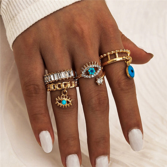 4Pcs/Set Gold Color Evil Eye Rings Vintage Boho Crystal Knuckle Ring Set