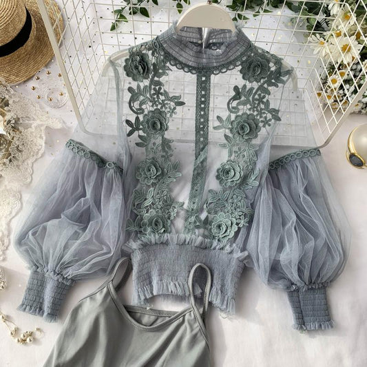 Spring Sheer Lace Lantern Sleeve 3D Floral Blouses