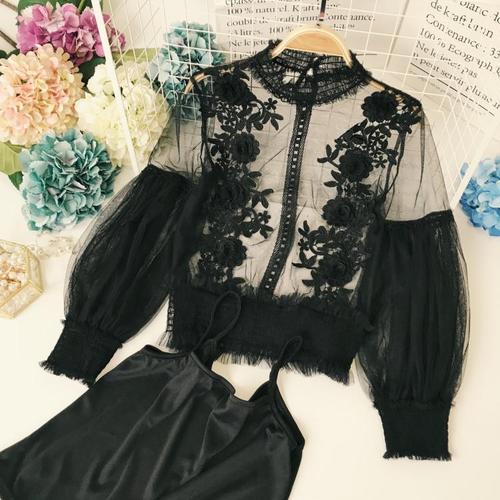 Spring Sheer Lace Lantern Sleeve 3D Floral Blouses