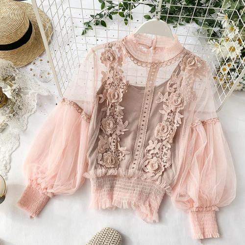 Spring Sheer Lace Lantern Sleeve 3D Floral Blouses