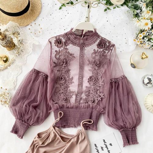 Spring Sheer Lace Lantern Sleeve 3D Floral Blouses