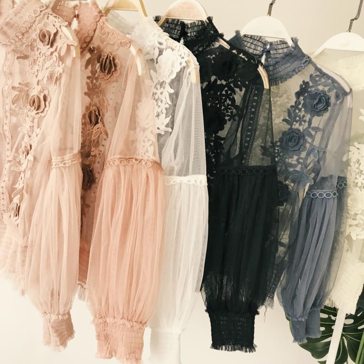 Spring Sheer Lace Lantern Sleeve 3D Floral Blouses