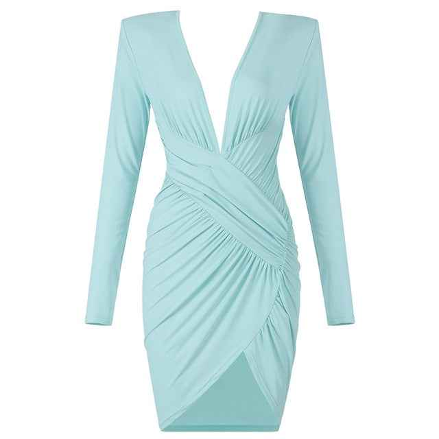 Mint Green V-Neck Pleated Long Sleeves Dress