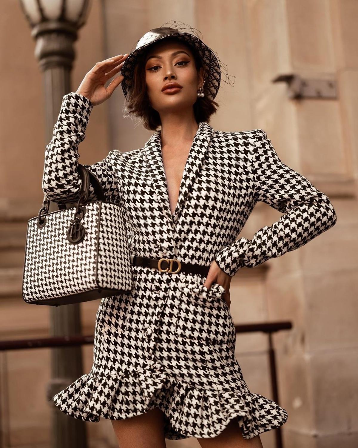 Patchwork Black White Plaid Deep V-Neck Long Sleeves With Mini Dress