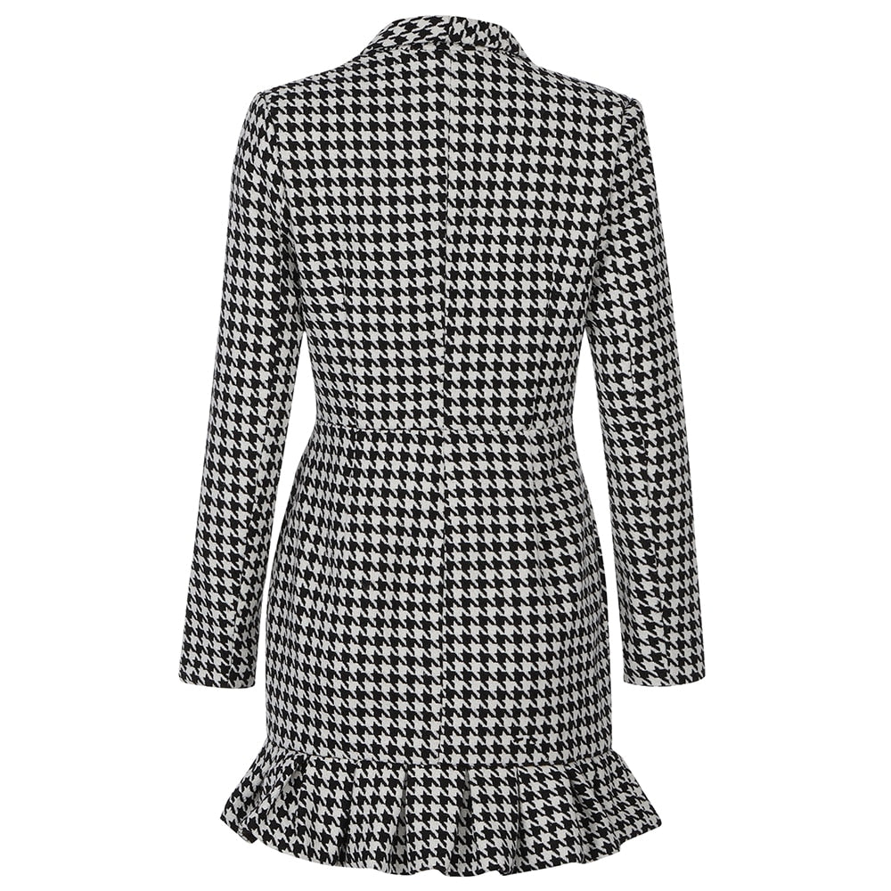 Patchwork Black White Plaid Deep V-Neck Long Sleeves With Mini Dress