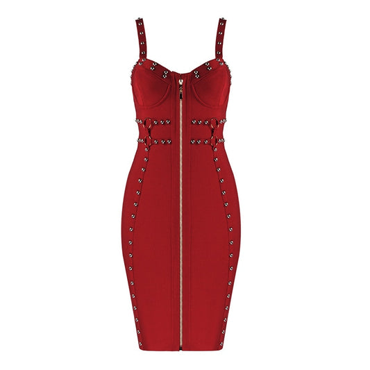 Vintage Studded Front Zipper Rayon Bandage Dress