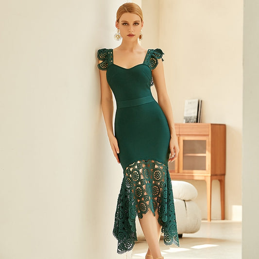 Green Spaghetti Strap Lace Sleeveless Rayon Bandage Dress