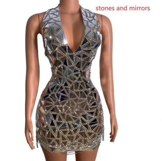 Silver Mirrors Rhinestones Sequins Dress