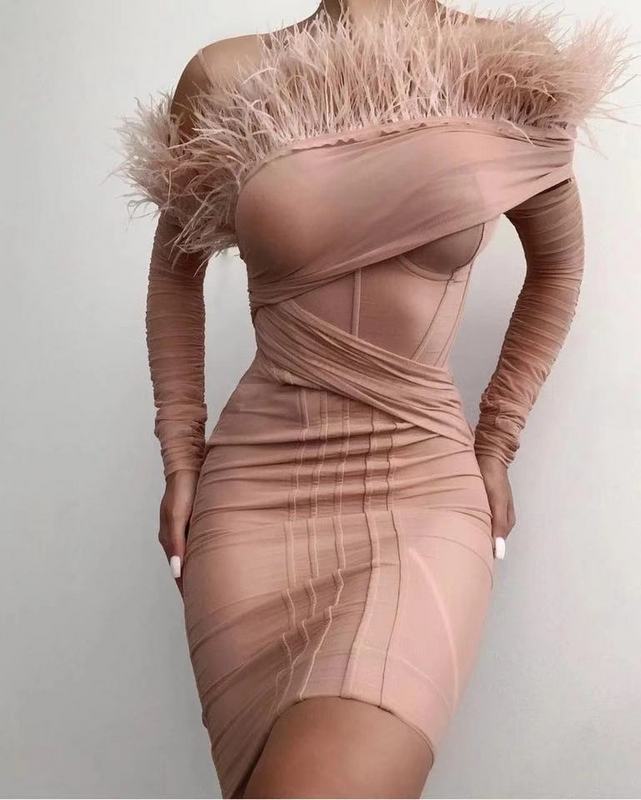 Pink Mesh Sleeves Elegant Feather Dresses