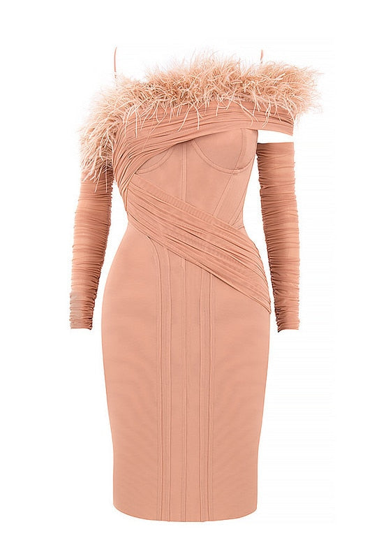 Pink Mesh Sleeves Elegant Feather Dresses