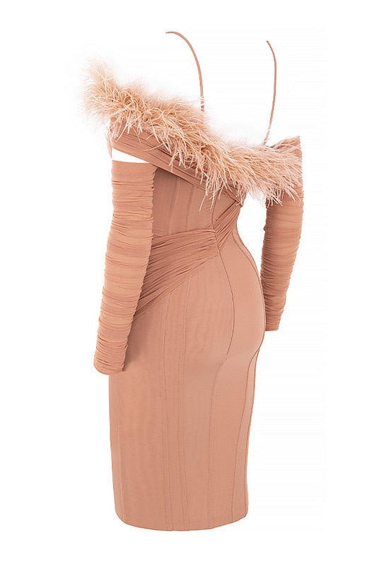 Pink Mesh Sleeves Elegant Feather Dresses