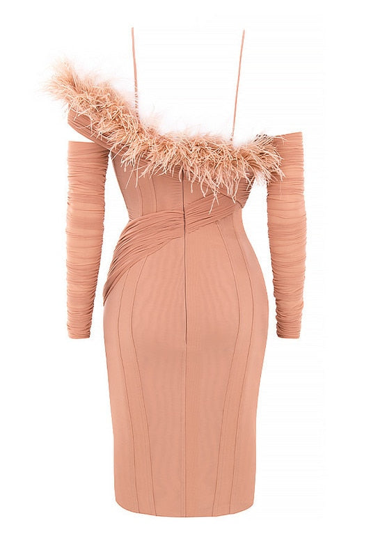 Pink Mesh Sleeves Elegant Feather Dresses