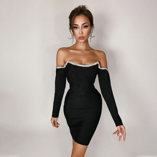 Mini Crystal Off Shoulder Long Sleeves Bandage Dress