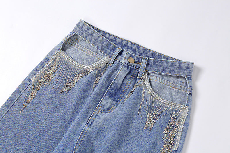 Hollow Out Chain Tassel Denim