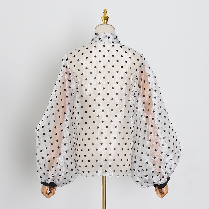 Vintage Polka Dot Long Puff Sleeve Blouses