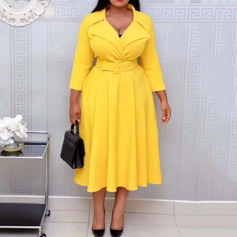 Turn Down Collar High Waist Belted Yellow Midi Dress