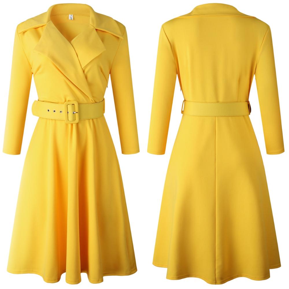 Turn Down Collar High Waist Belted Yellow Midi Dress