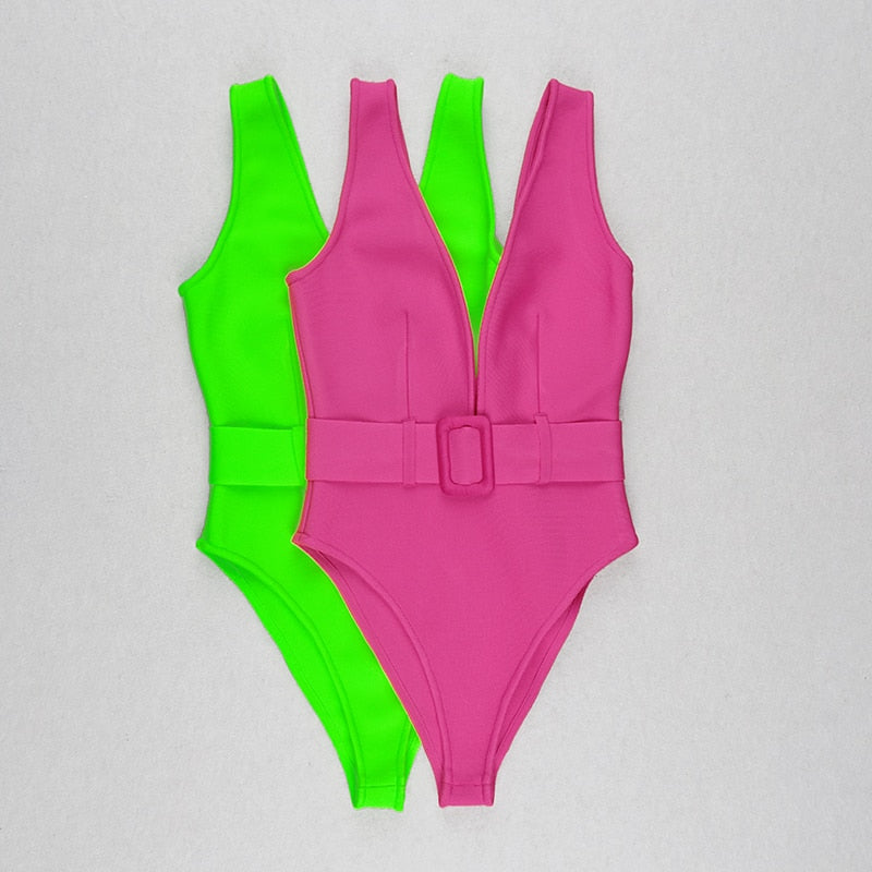 V-Neck Neon Bandage One Piece