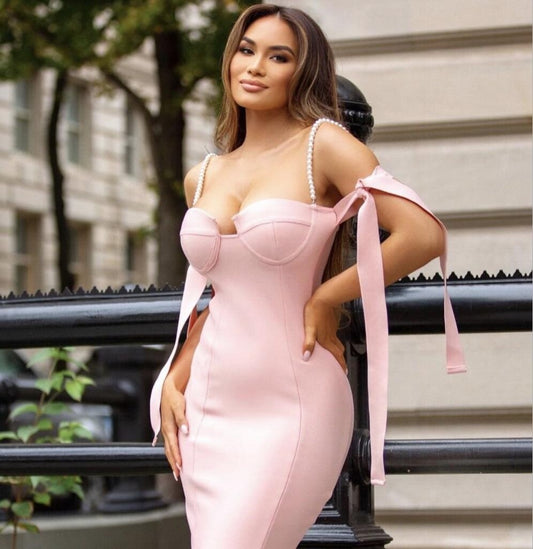 Lace UP Pink Bandage Midi Dress